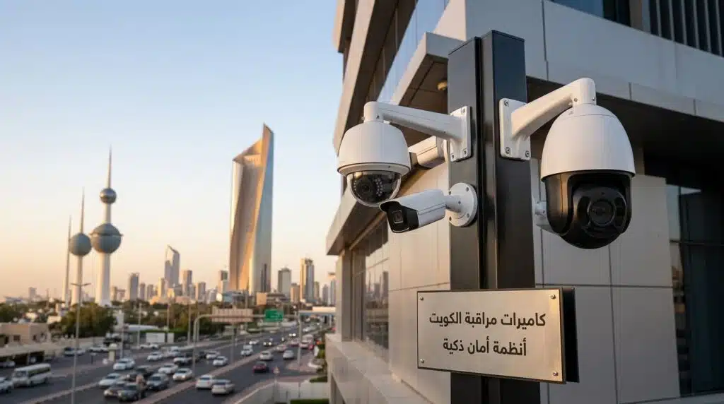 فني تركيب كاميرات مراقبة الكويت يركّب كاميرا خارجية على جدار بيت